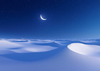 Naklejka premium A nighttime desert scene with a blue sky and the moon in view.