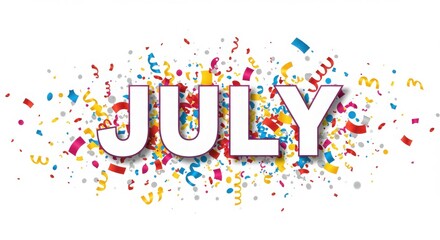 Confetti style july celebration background with colorful festive elements and bold typography

