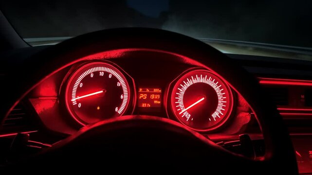 Multiple images of a car dashboard with red lights illuminating the speedometer and tachometer at night, showing increasing engine rpm and speed