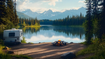 Idyllic weekend vacation outdoor camping campground by secluded majestic mountain lake with camper rv picnic table and fire circle mountain landscape nature woodland forest background