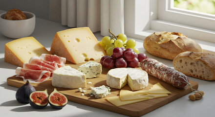 Elegant charcuterie board arrangement featuring cheese, meats, and fruit
