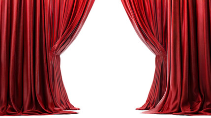 Rich red velvet curtains parting to reveal a bright empty stage
