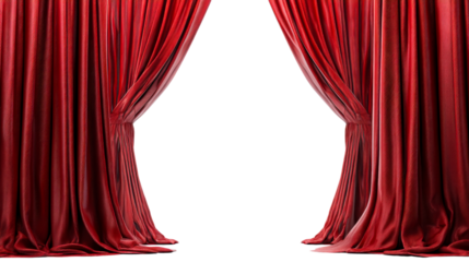 Rich red velvet curtains parting to reveal a bright empty stage
