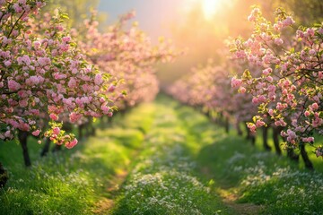 Obraz premium Beautiful cherry blossom trees in spring sunlight