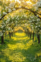 Naklejka premium Blossoming orchard pathway bathed in golden sunlight