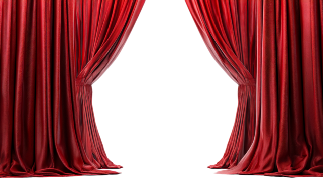 Rich red velvet curtains parting to reveal a bright empty stage