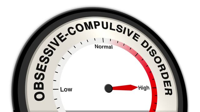 Obsessive-Compulsive Disorder (OCD) text or word shown with a barometer or tachometer-style gauge, representing varying levels of obsession and compulsion severity in daily life