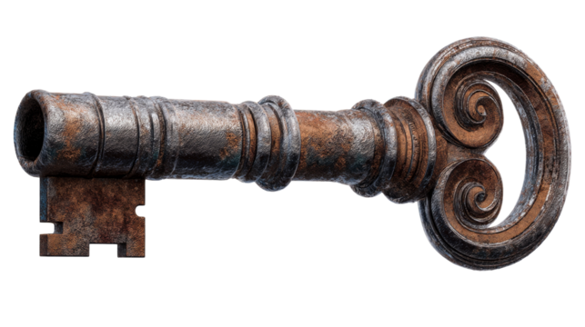 Vintage ornate key with rustic finish on transparent background