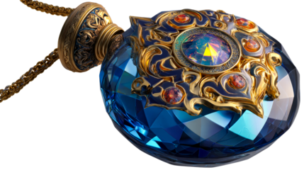 Decorative blue crystal pendant with intricate gold details