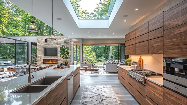 Contemporary interior design kitchen with skylight ceiling high resolution picture