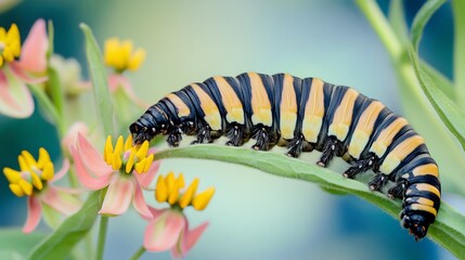 Naklejka premium Monarch caterpillars feeding near bright milkweed blooms preparing metamorphosis colored background