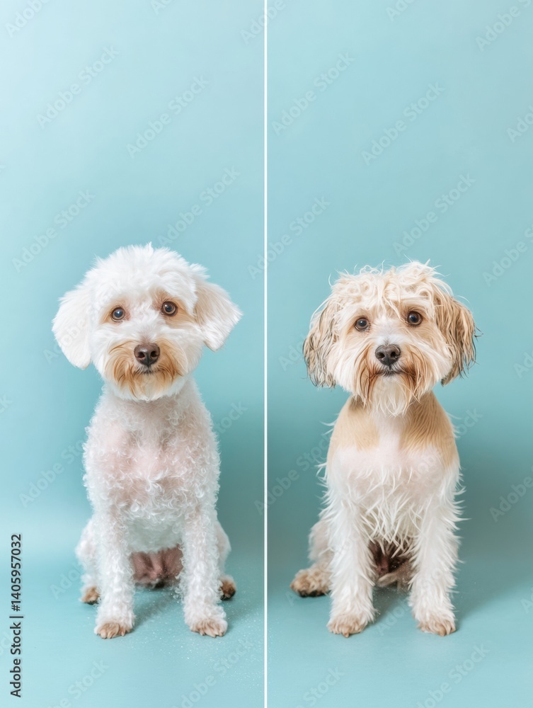 Poster before and after grooming showcases fluffy dog transformation with clean and messy fur in a playful 