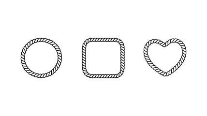 Rope Frame Border Set:  A stylish set of three rope frame borders, with a circle, square, and heart, in black against a white background. Perfect for adding a rustic or nautical touch to your designs.