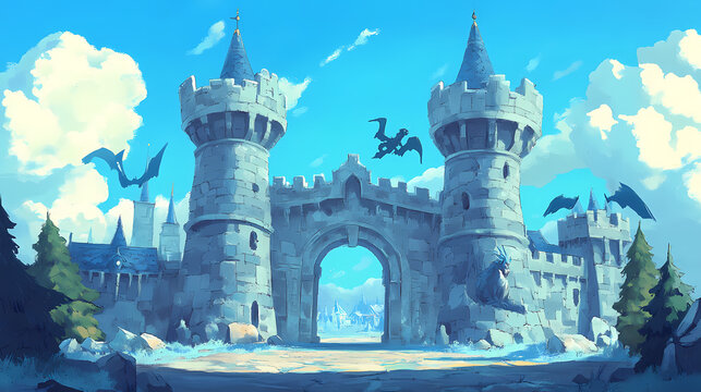 Towering castle gates guarded by fierce creatures invite exploration into a forgotten realm. Forgotten Fables. Illustration