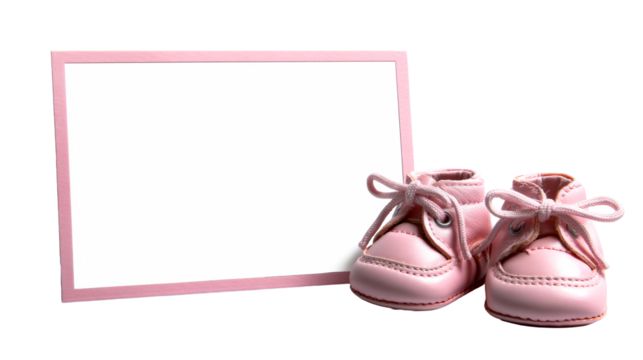 New pink baby shoes with empty frame for announcing special moments