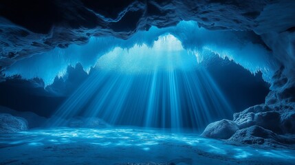 Fototapeta premium A blue cave interior with light rays shining through the opening onto the water and rock formations