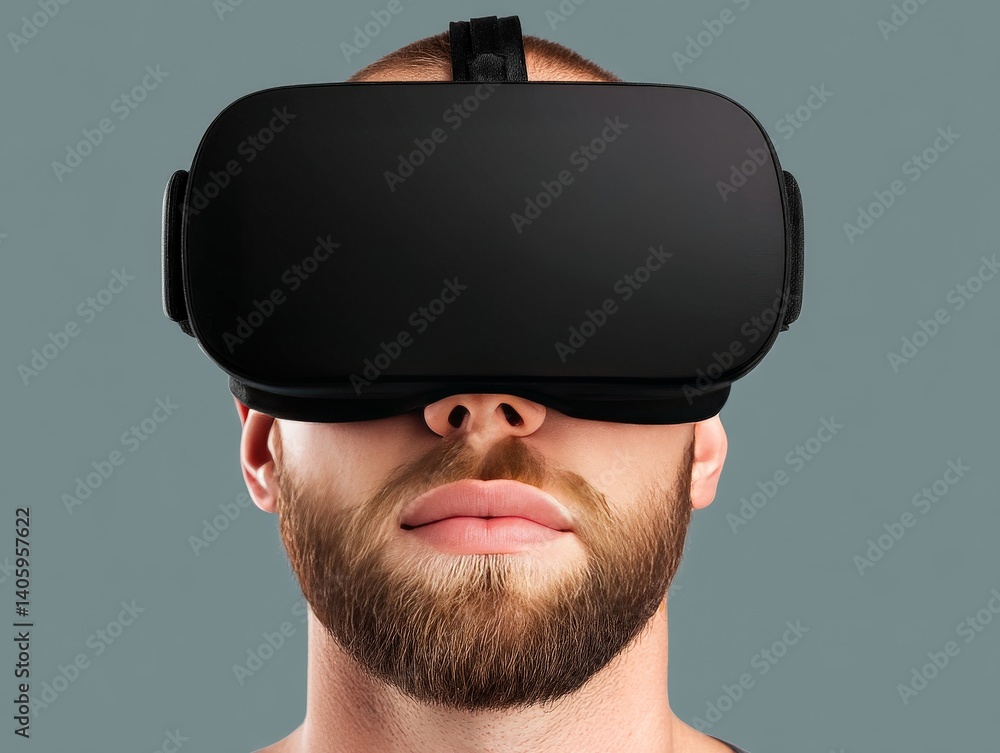 Poster bearded man wearing black vr headset in front view with subtle facial expression in neutral backgrou