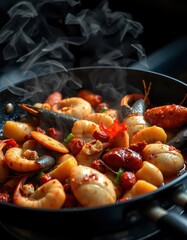 Sizzling seafood and chorizo in a hot skillet releasing aromatic spices, heat, restaurant, flavor
