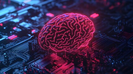 Technological Consciousness: A glowing brain superimposed over a computer circuit board, representing the fusion of human thought with advanced technology, in an abstract and futuristic style.