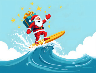 A cheerful cartoon Santa Claus surfs a wave while holding a wrapped gift