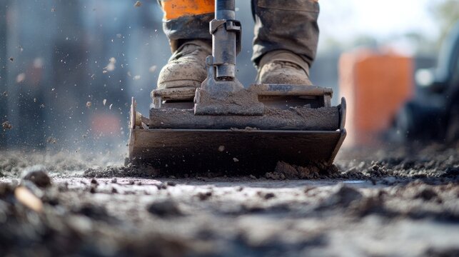 Construction worker compacting soil with a vibratory plate compactor. Featuring power and efficiency