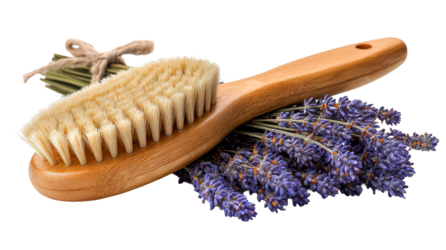 Natural hair brush with lavender and dried herbs on flat surface