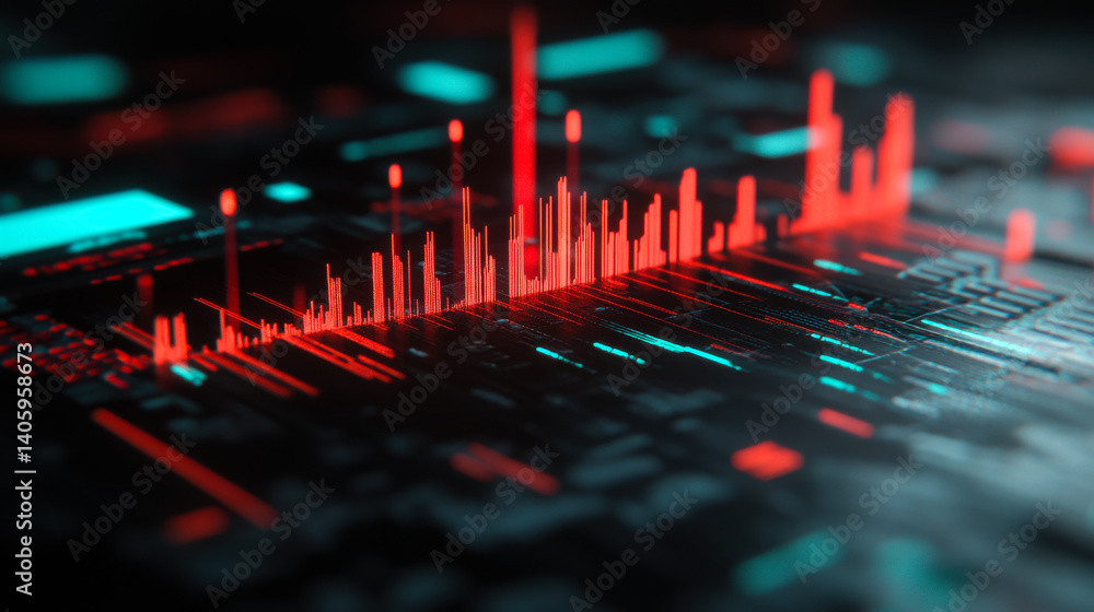 Poster data visualization displays vibrant red and blue bars on a dark digital interface, representing real