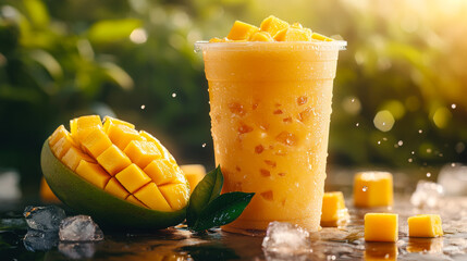 Refreshing mango smoothie served in a clear cup accompanied by fresh mango pieces on a sunny afternoon