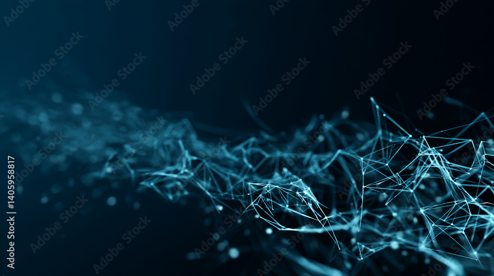Poster abstract image of interconnected lines and dots, creating a dynamic, flowing network effect, symboli