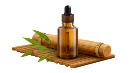Essential oil bottle on bamboo mat with green leaves