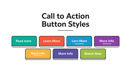 Call to Action Button Styles: A colorful array of call-to-action buttons, each with different text and background colors, showcasing various button styles for web design and user interface.
