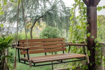 Naklejka premium Relaxing Wooden Hanging Swing Bench for Outdoor Patio Spaces