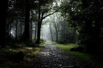 Fototapeta premium Moody shadowy forest path winding between towering deciduous trees soft light filtering through heavy branches create a mysterious ambiance