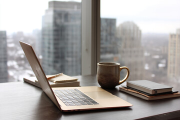Fototapeta premium Laptop, notebooks, and coffee mug on desk near window overlooking city, showcasing a productive workspace scene ideal for blog, website, or social media