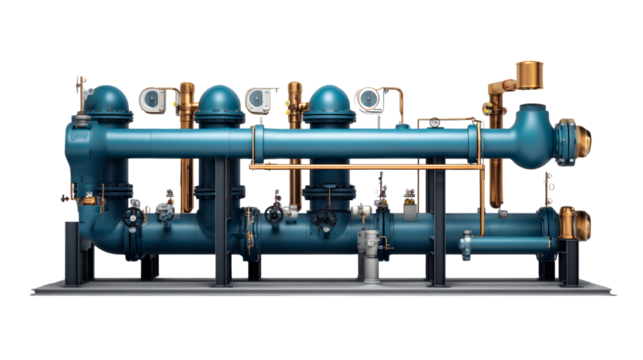 Industrial pipe system with valves and gauges for fluid management
