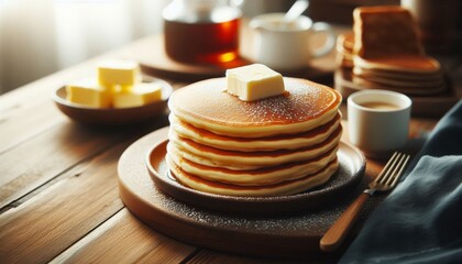 Delicious Steamy Pancakes on a Decorated Platter - Fluffy Pancakes in American or Japanese style coated in Maple Syrup or Butter with Fruits - Decorated Breakfast Table with Milk, Flowers or Fruit