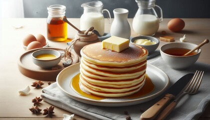 Delicious Steamy Pancakes on a Decorated Platter - Fluffy Pancakes in American or Japanese style coated in Maple Syrup or Butter with Fruits - Decorated Breakfast Table with Milk, Flowers or Fruit