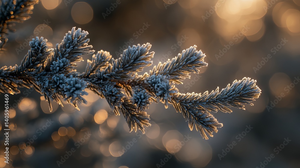 Poster close up of a frosted pine branch with bokeh lights in the background during the winter season