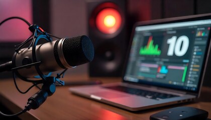 home studio podcast gadget interior, Microphone and laptop for on air live streaming on the table created with generative ai.