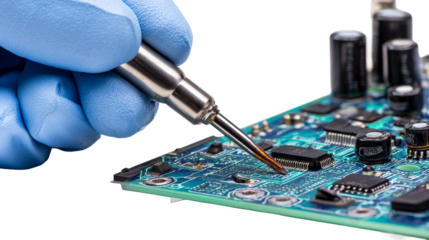 Technician performing soldering on a circuit board with blue gloves