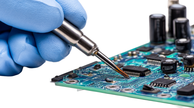 Technician performing soldering on a circuit board with blue gloves