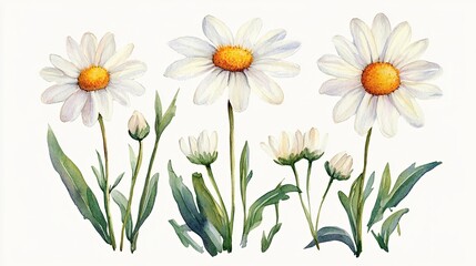 Delicate White Daisy Botanical Watercolor Painting