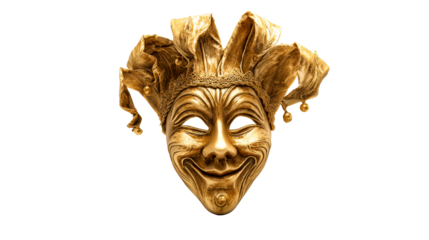 Golden jester mask with playful expression and intricate design
