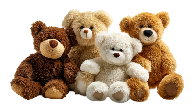 Collection of cute plush teddy bears with various colors and textures