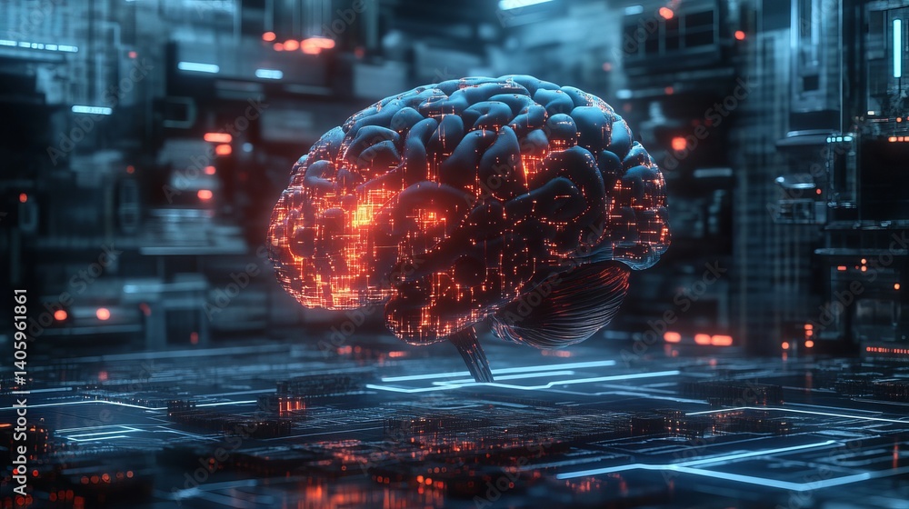 Poster artificial brain illuminated with glowing circuitry on a futuristic platform design element concept