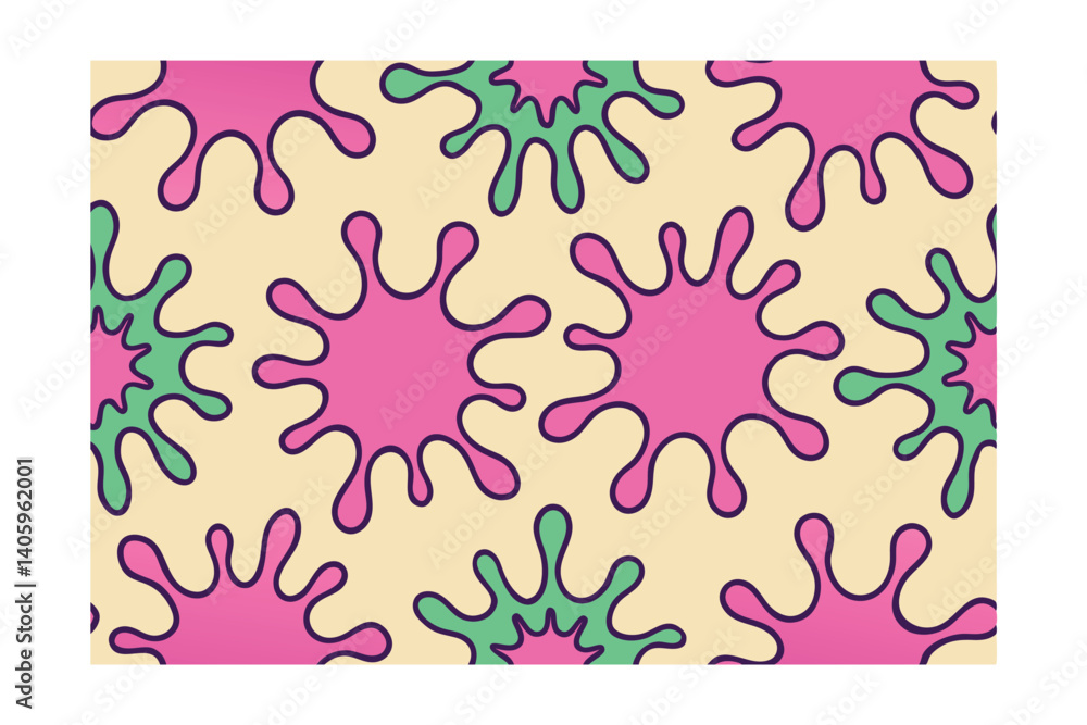 Poster abstract pattern with pink and green paint splashes on cream background groovy retro inspired design