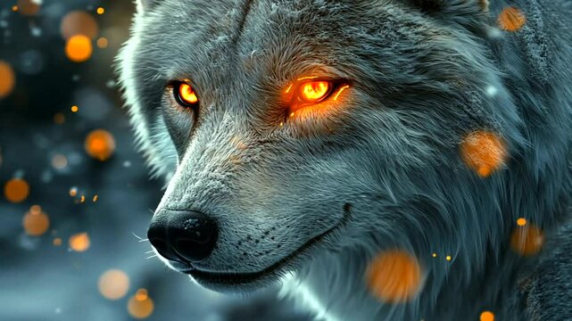 Fiery-eyed wolf portrait, winter forest, glowing bokeh, fantasy art