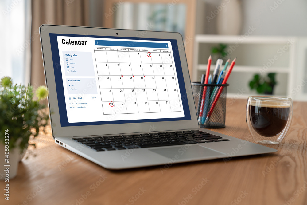 Poster calendar on computer software application for modish schedule planning for personal organizer and on