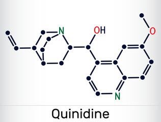 Quinidine molecule. An antiarrhythmic drug, cyp2d6 inhibitor. Structural chemical formula. Vector illustration