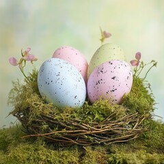 Obraz premium Spring Themes Pastel Easter Nest Pastel Easter eggs in a mosscovered nest soft morning light square whimsical spring simplicity Image